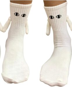 (2Pairs) Magnetic Hands Holding Socks of Cute Eyes 3D Doll Couple Mid Tube | Funny/Funky/Silly/Unique Valentines Day, Friendship Gifts, Matching Things to Buy for Men, Women, Teen, Boyfriends, Adult