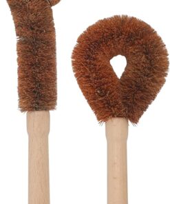 2pcs Coconut Fiber Bottle Brush, Bottle Cleaner Dish Scrubber, Eco Friendly Natural Wooden Cleaning Scrub Bristle Head for Deep Pan Kitchen Dishes Vegetable Washing, Sturdy Handle Holder, Dark Brown