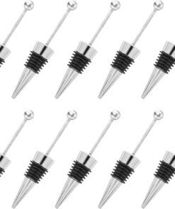10PCS Beadable Wine Stoppers, Beaded Bottle Cap Zinc Alloy Reusable Corkscrew Saver Corks to Add a Bead Rhinestone Decorative Gadget for Glass Beverage Holiday Party Wedding Bar Crafting Gifts Silver
