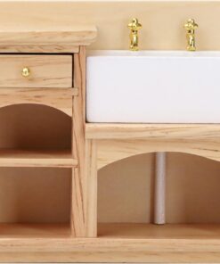 1/12 Scale Dollhouse Kitchen Sink, Miniature Bathroom Wash Basin Cabinet Set, Wooden Furniture Accessories, Mini Ceramic Hand Wash Sink Decoration for Toilet, Stove, Kitchen, Farmhouse