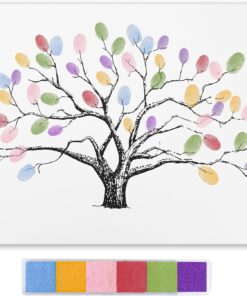 12x16 Inch Wedding Fingerprint Thumbprint, Large Tree Family Guest Book, Canvas Painting Home Decoration Creative Signature Sign-in Balloons Decor for Party with Ink Pads, Autumn Ink Set